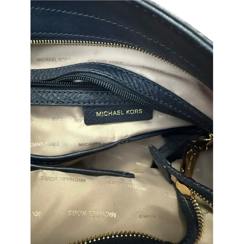 Michael Kors Navy Blue Pebbled Leather Chain Shoulder Tote Gold Lock Charm Bag